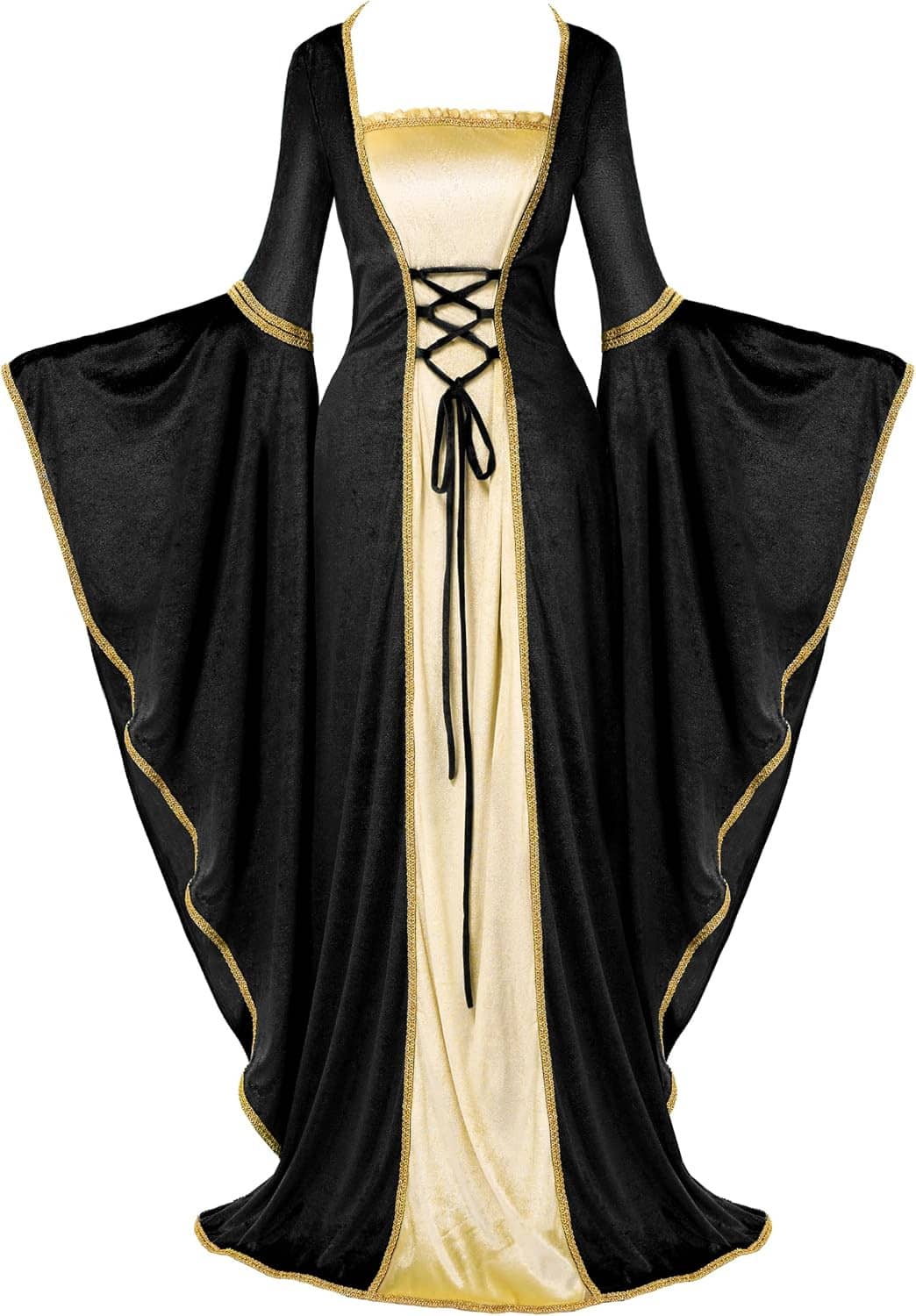 Black velvet medieval dress with gold trim, lace-up cream bodice and draped sleeves