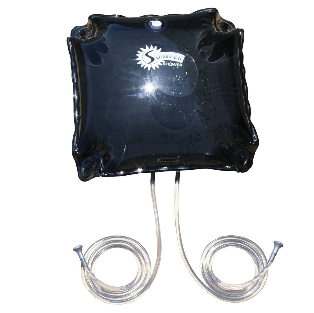 10-gallon summer shower with black bag and two silver hoses, pump cap and logo