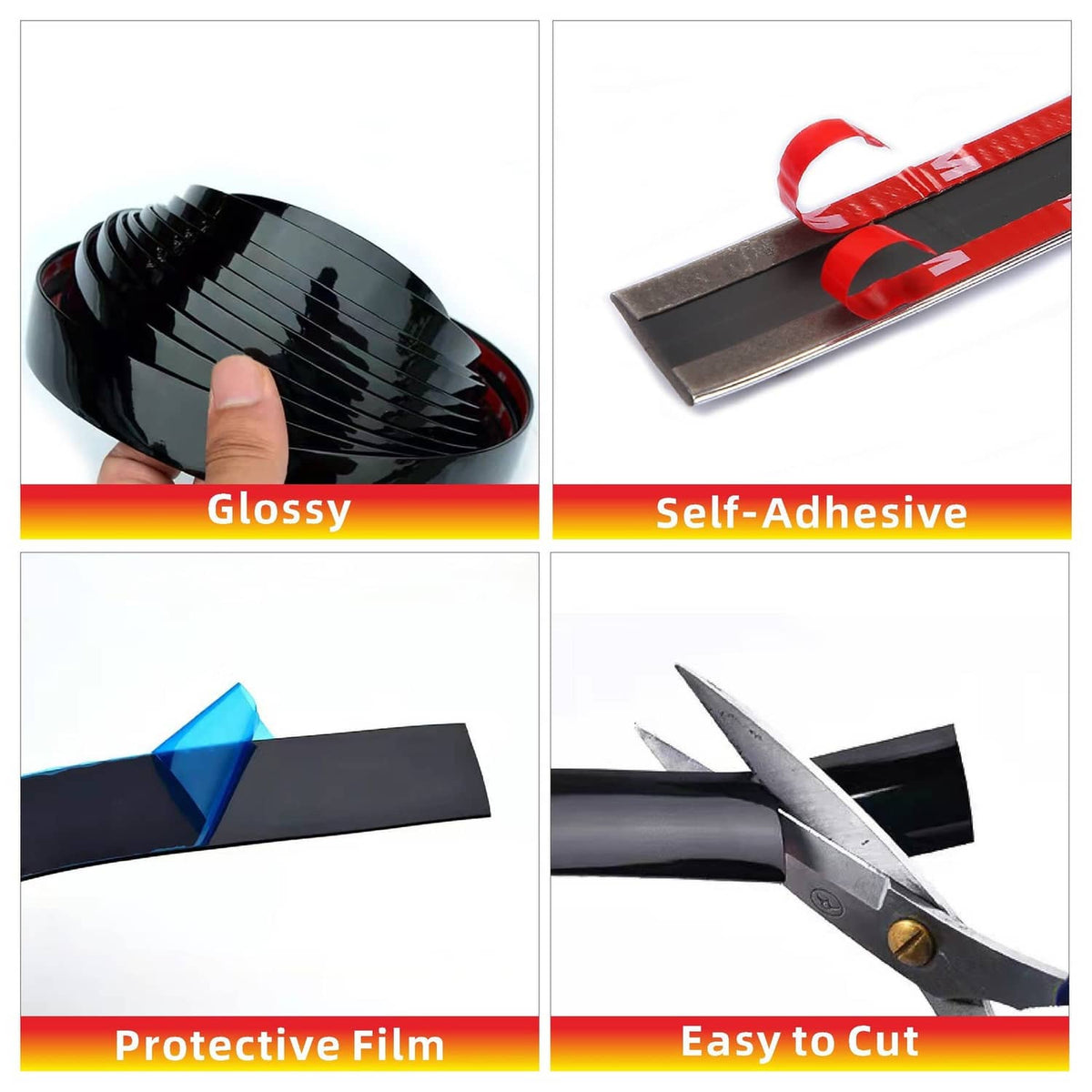 Glossy black self-adhesive automotive trim roll with protective film and scissors