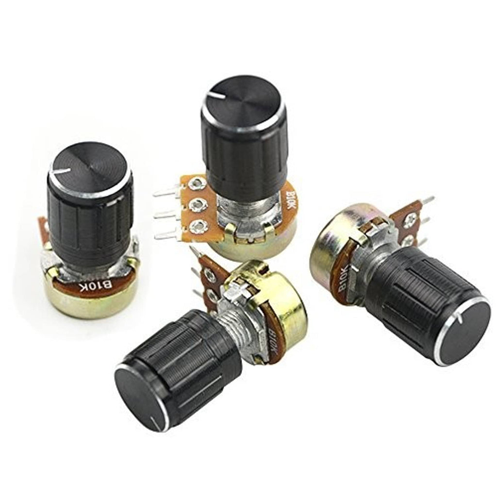 Set of rotary potentiometers with black knurled knobs, gold circuit boards, and pin leads