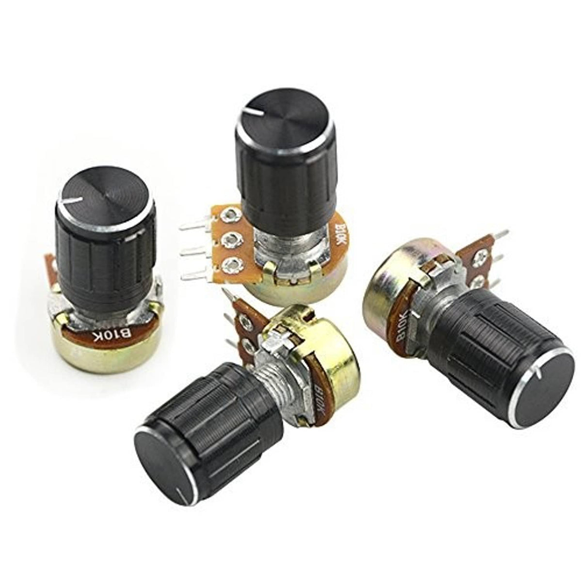 Set of rotary potentiometers with black knurled knobs, gold circuit boards, and pin leads