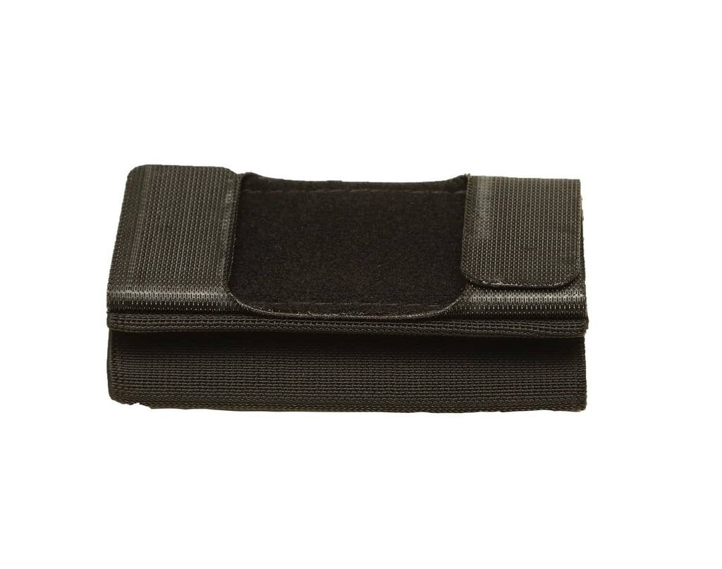 Black elastic tourniquet holder with central pocket and hook-and-loop flap