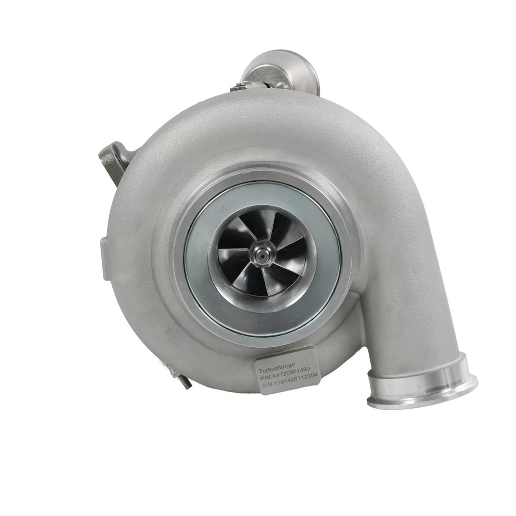 Turbocharger with silver compressor housing and visible turbine wheel