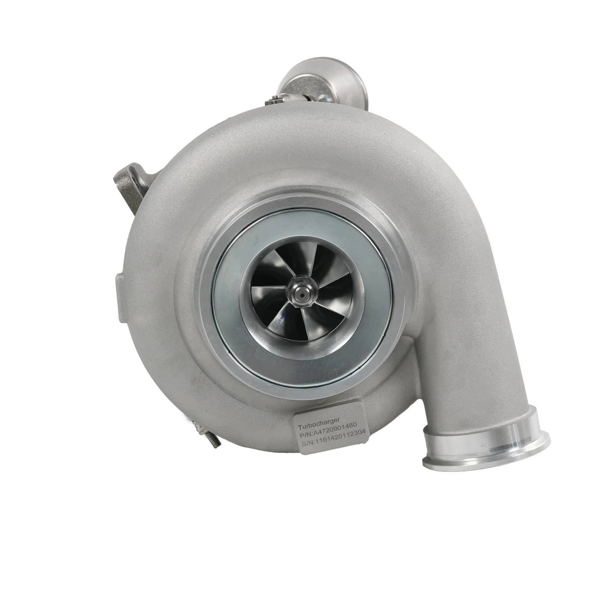 Turbocharger with silver compressor housing and visible turbine wheel
