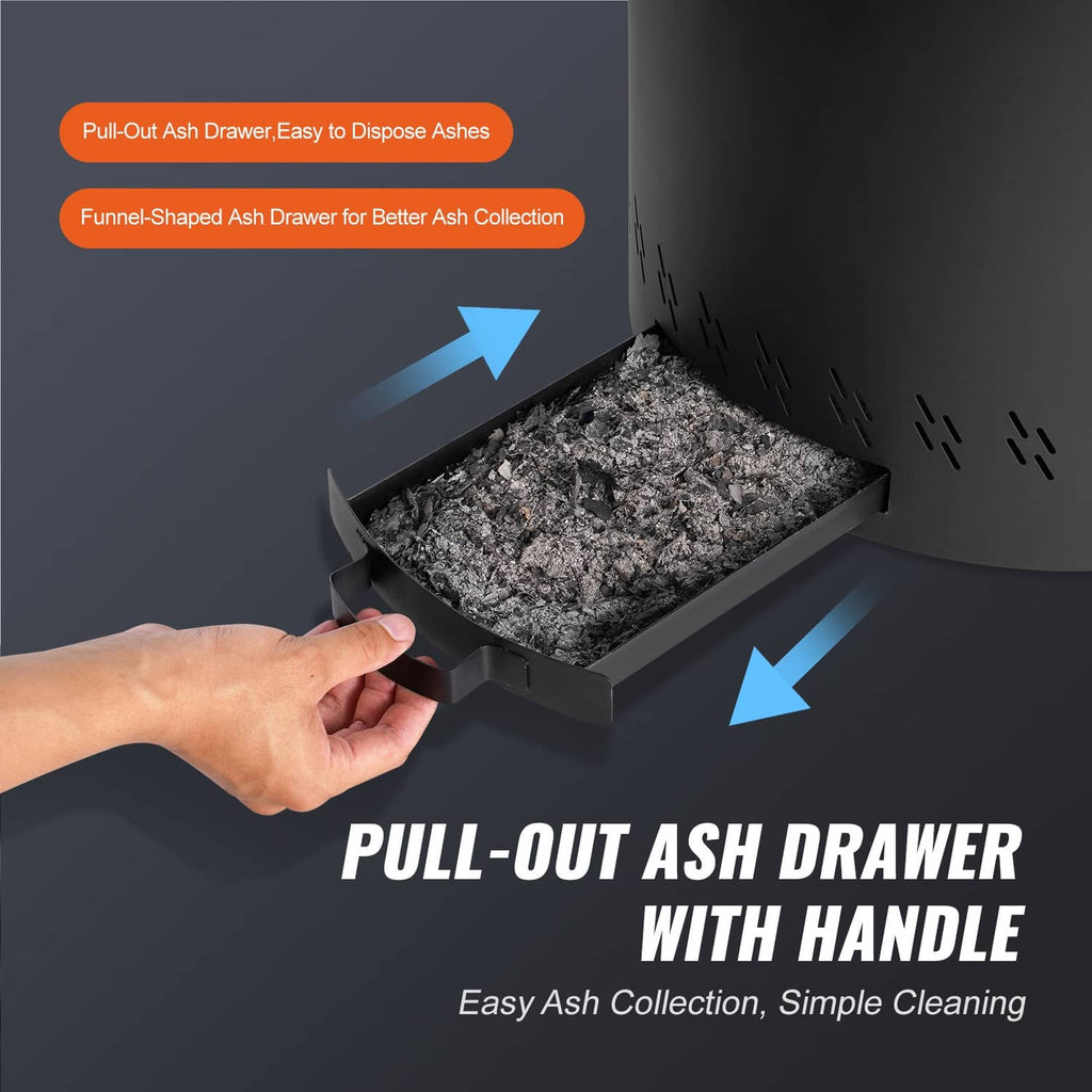 Black fire pit stove with pull-out ash drawer open and ash visible
