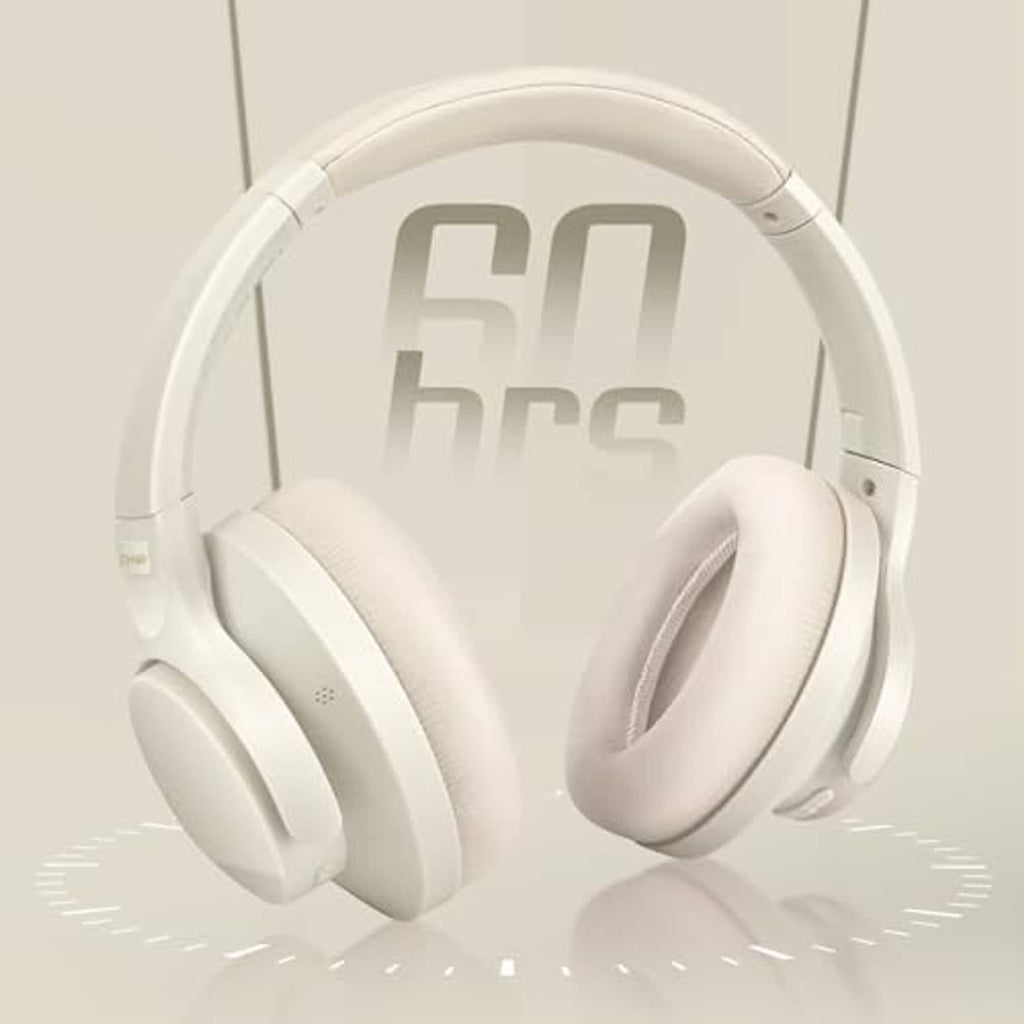 Milky white over-ear headphones with soft cushioned ear pads and adjustable headband