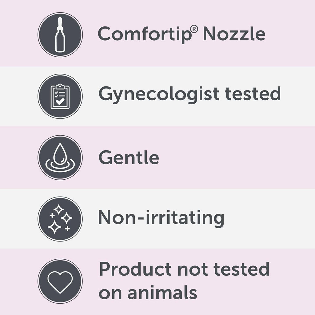 Comfortip nozzle, gynecologist tested, gentle non-irritating, not tested on animals icons