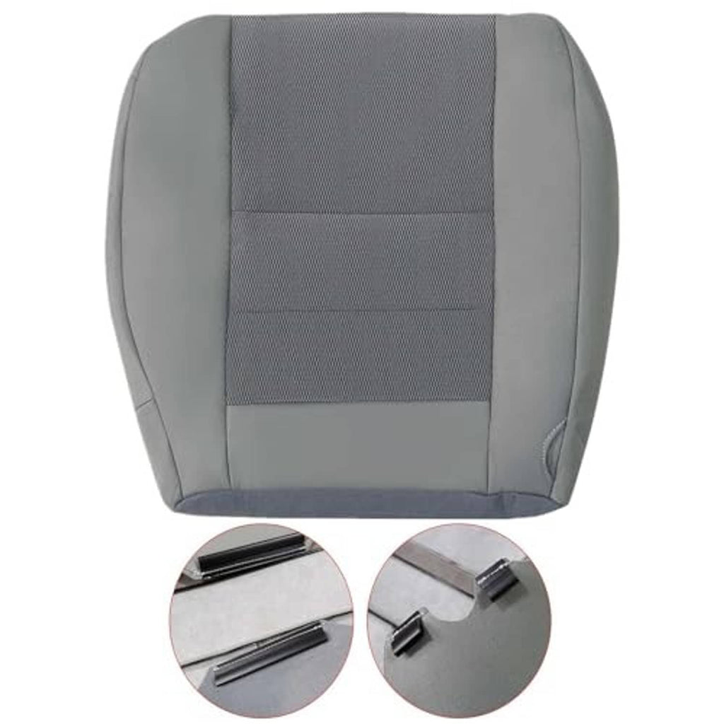 Gray cloth driver seat cover with horizontal stitched stripes and textured fabric