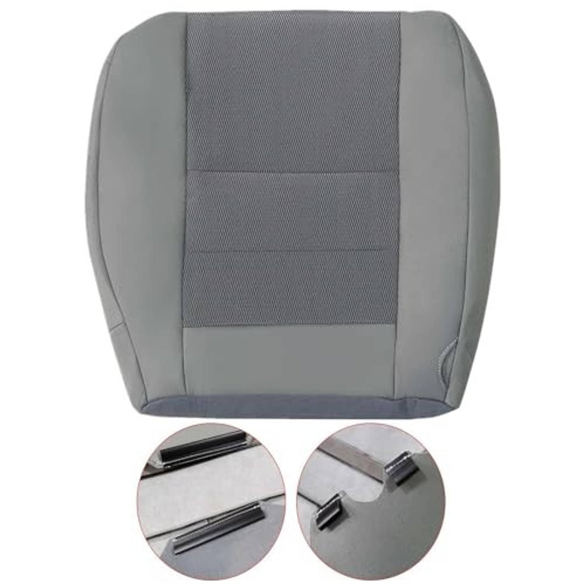 Gray cloth driver seat cover with horizontal stitched stripes and textured fabric