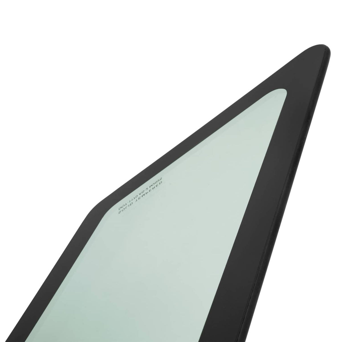 Close view of cab glass corner showing black frame and light green tinted window panel
