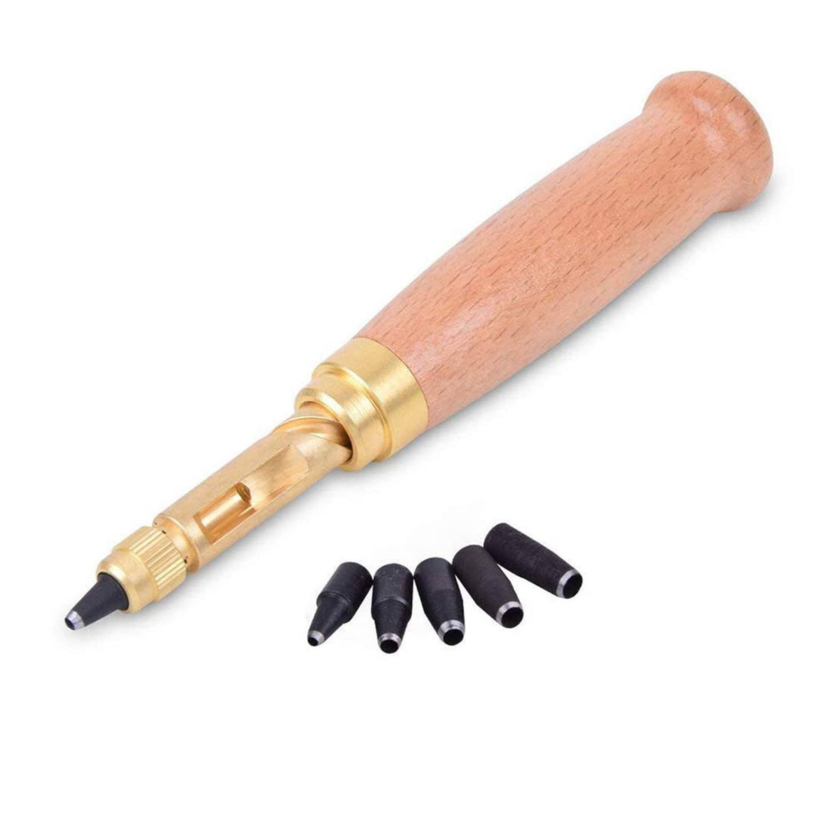 Wood-handled leather punch tool with brass head and six interchangeable black bits