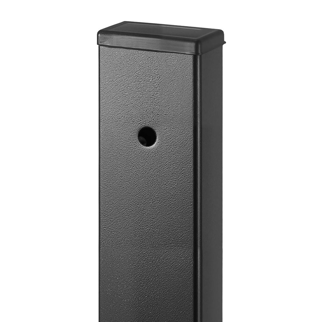 Black rectangular steel baluster end cap with centered mounting hole