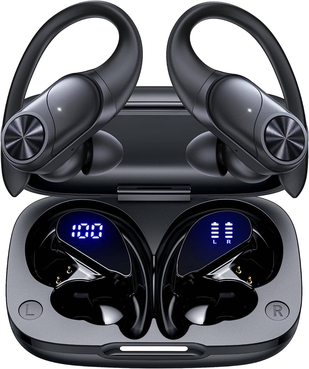 Black wireless earbuds resting in charging case, front LEDs and L/R markers visible