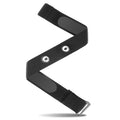 Black heart-rate monitor chest strap with two metal snap tabs
