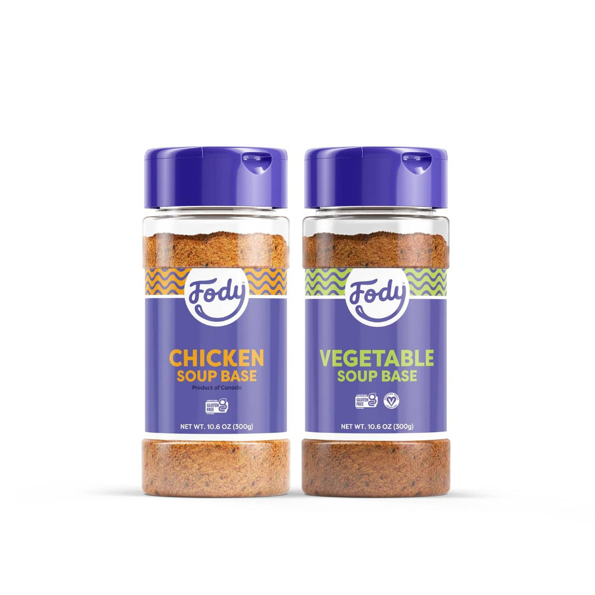 Fody soup base jars: chicken and vegetable, blue caps, brown seasoning