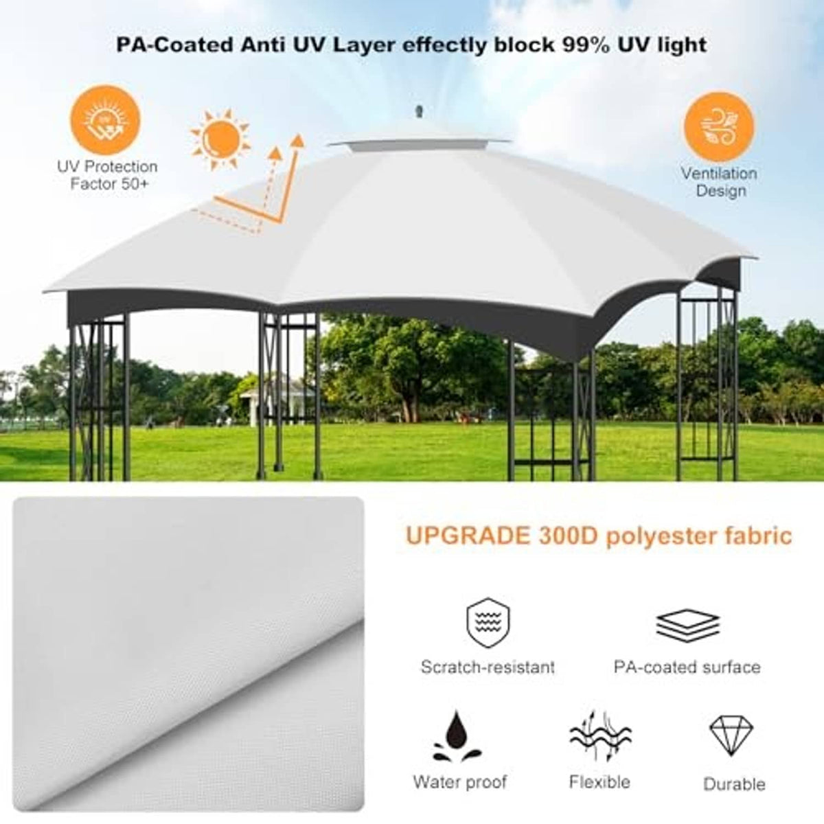 Light grey double-tier gazebo canopy top with fabric close-up showing textured weave