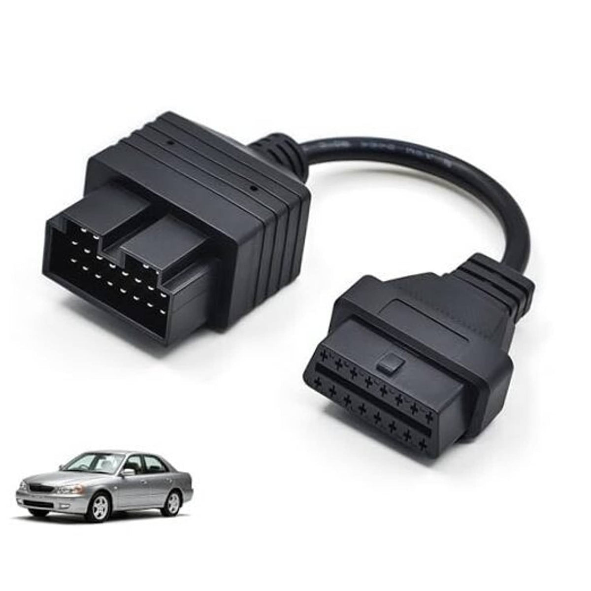 Black OBD1-to-OBD2 adapter cable with two multi-pin diagnostic connectors