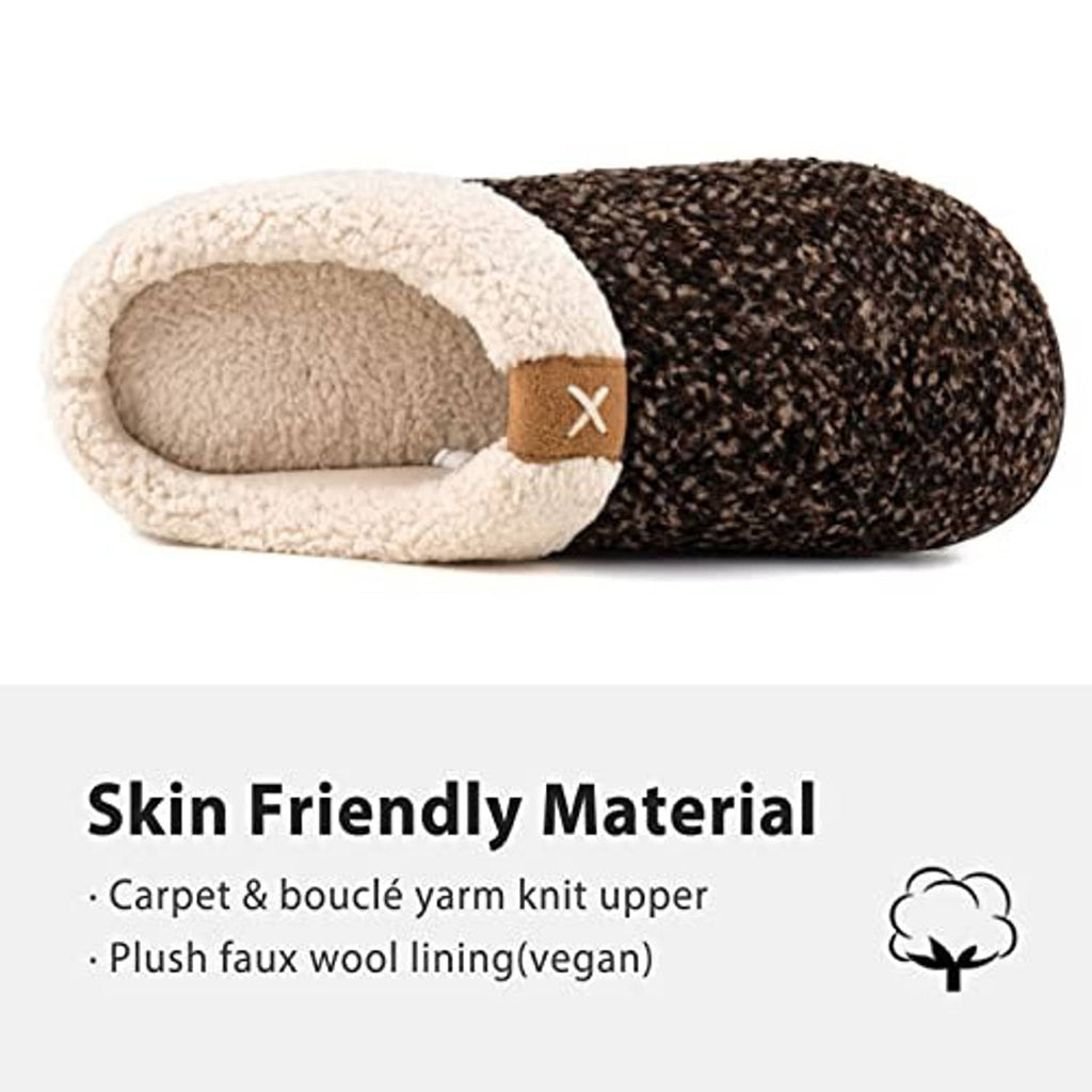 Open-top view of sherpa-lined slip-on slippers, dark speckled knit with beige fleece collar