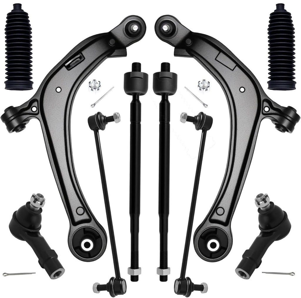 Front lower control arm, tie rod end, and suspension link kit with bushings and bolts
