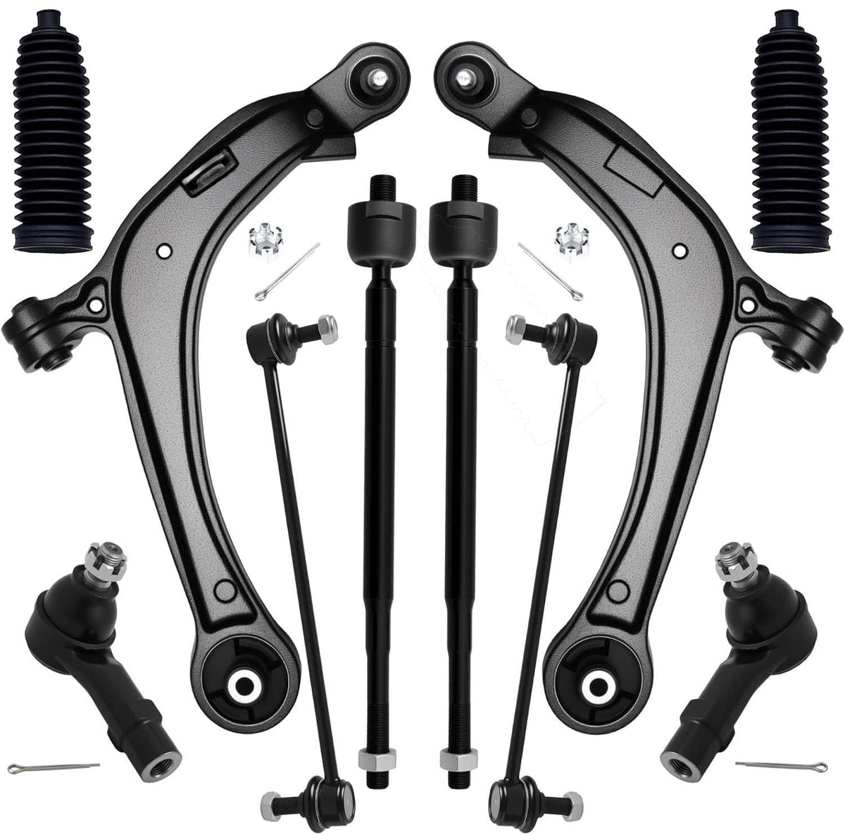 Front lower control arm, tie rod end, and suspension link kit with bushings and bolts
