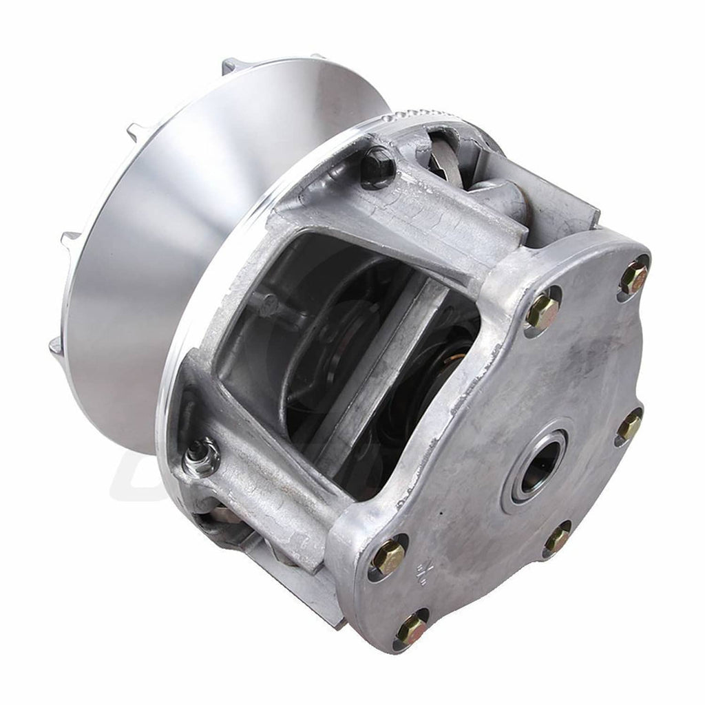Silver primary clutch with side view of housing and black inner components