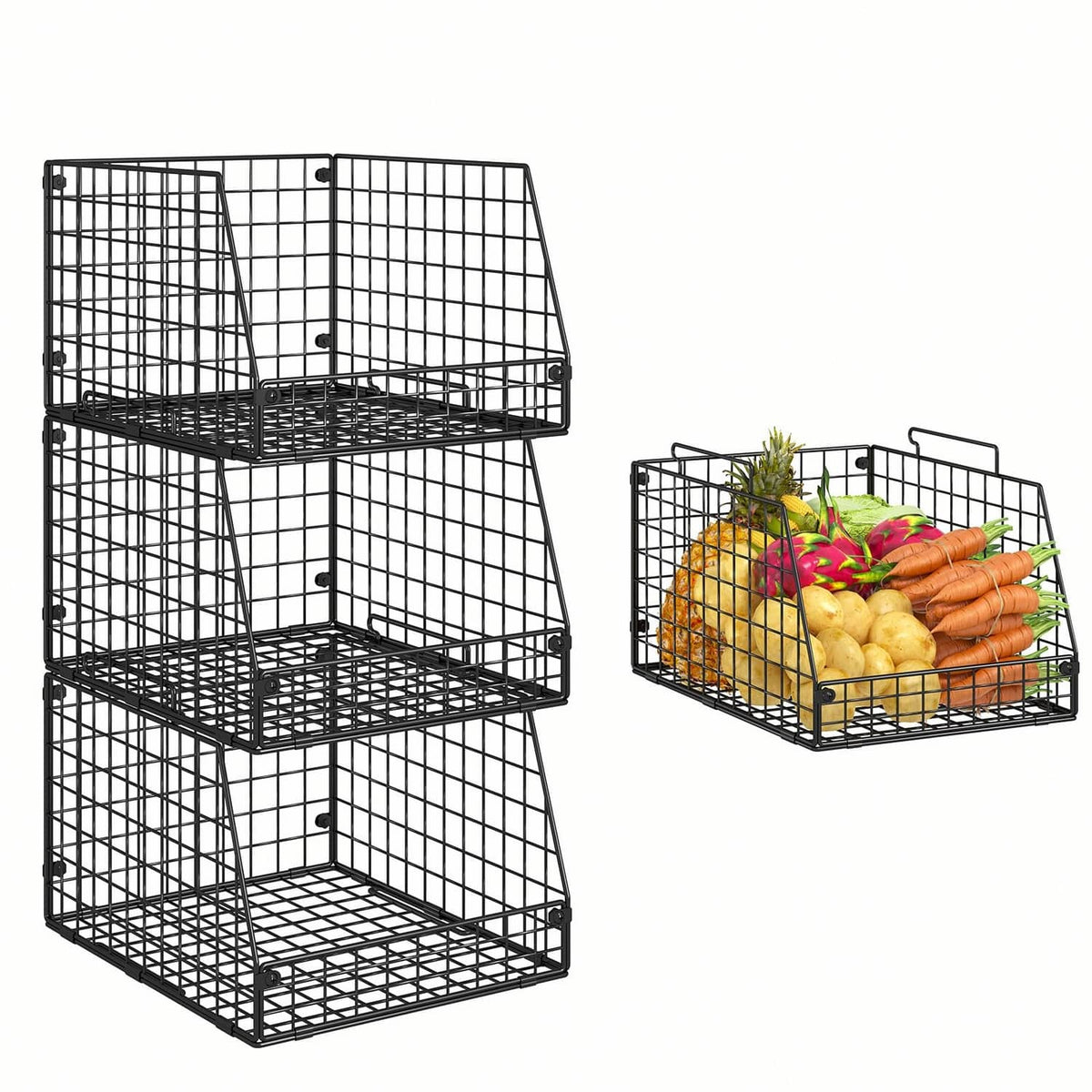 Black stackable wire storage baskets, three-tier corner unit and single bin