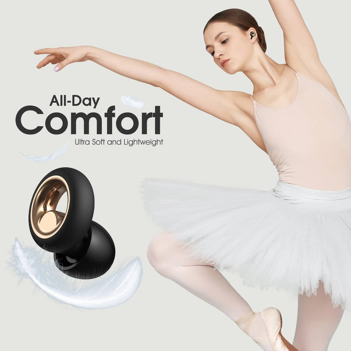 Black silicone sleep ear plug with soft, curved tip for comfort