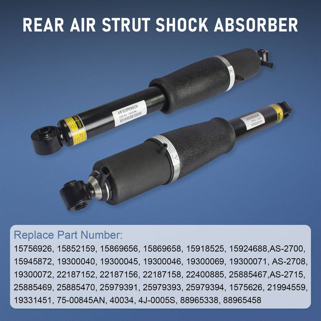 Two black rear air strut shock absorbers shown at an angle with mounting hardware.