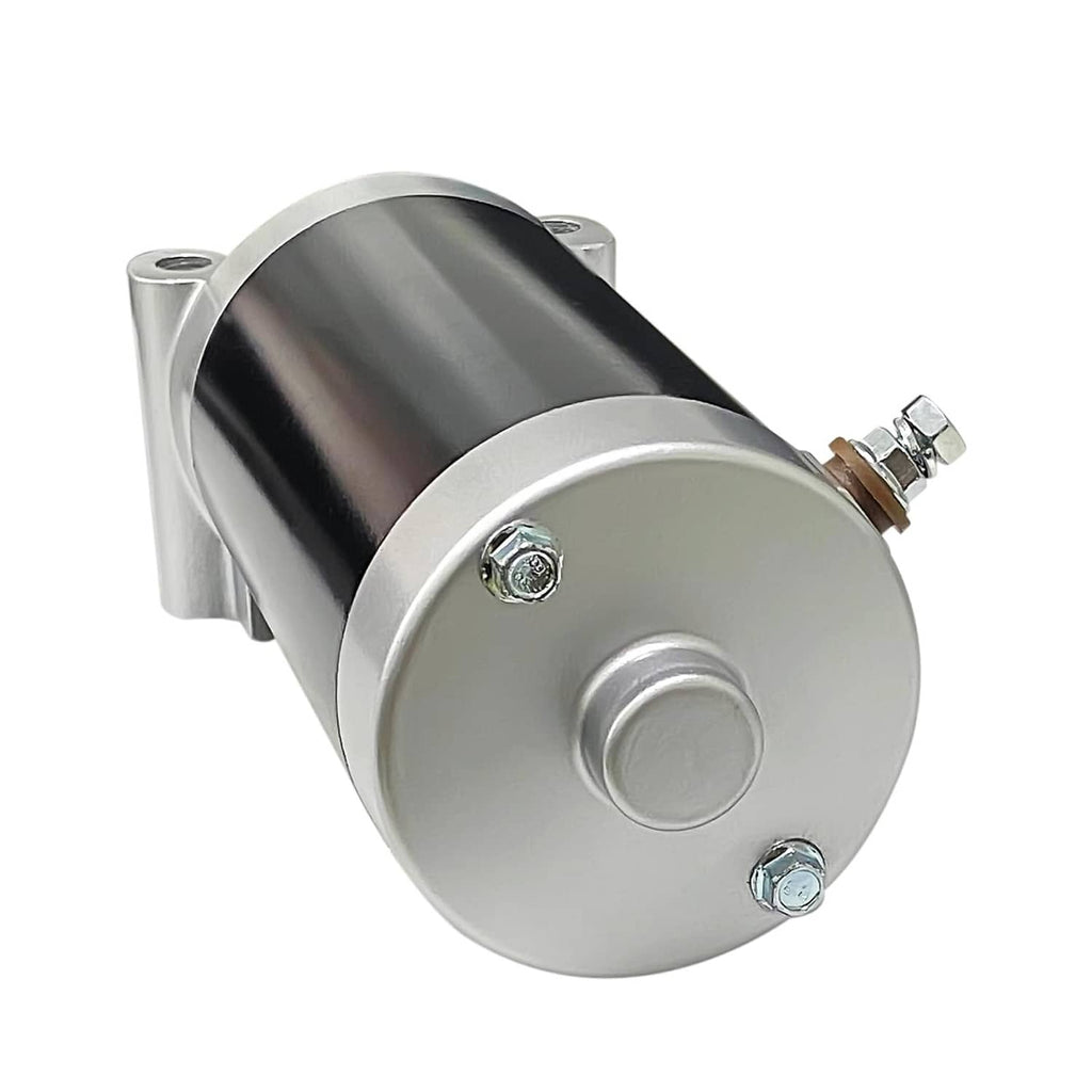Silver end housing and black cylinder lawn mower starter motor with electrical lug
