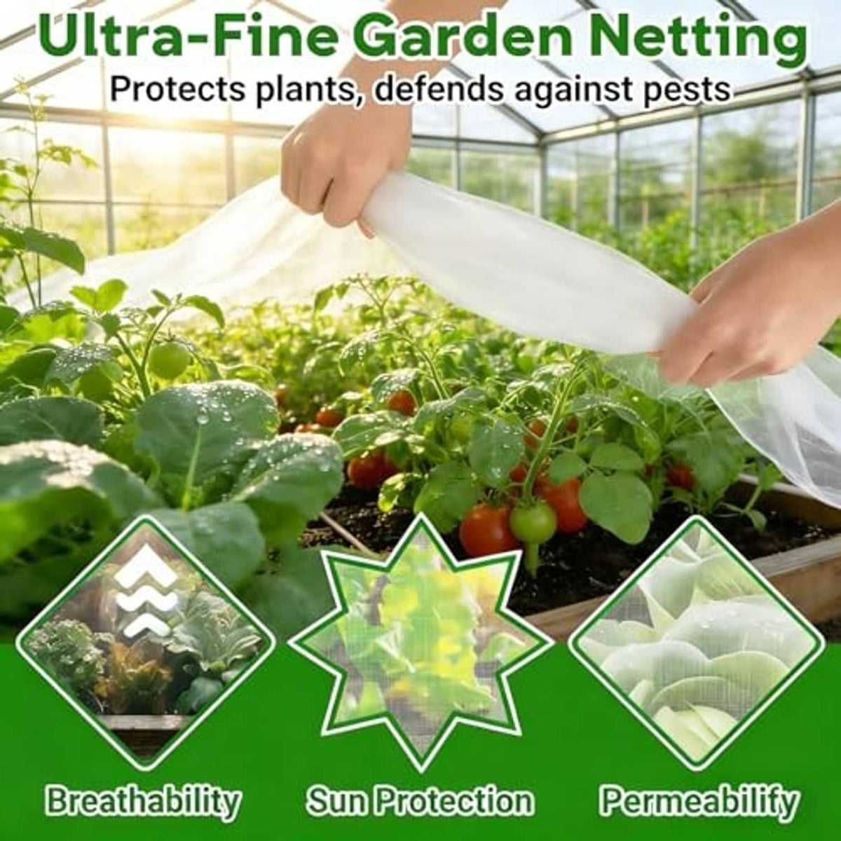 White translucent ultra-fine garden netting sheet held over fruiting vegetable plants