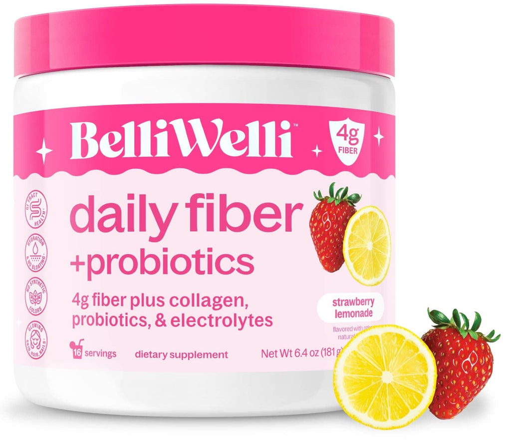 Pink BelliWelli daily fiber + probiotics powder jar, strawberry lemon flavor, 6.4 oz