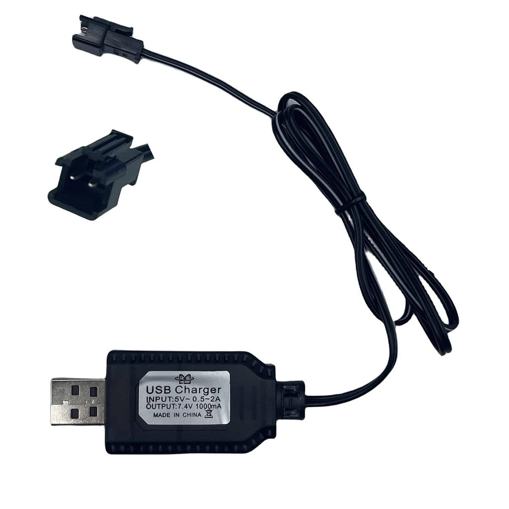 USB battery charger cable with black wire, USB input plug, and SM-2PIN connector