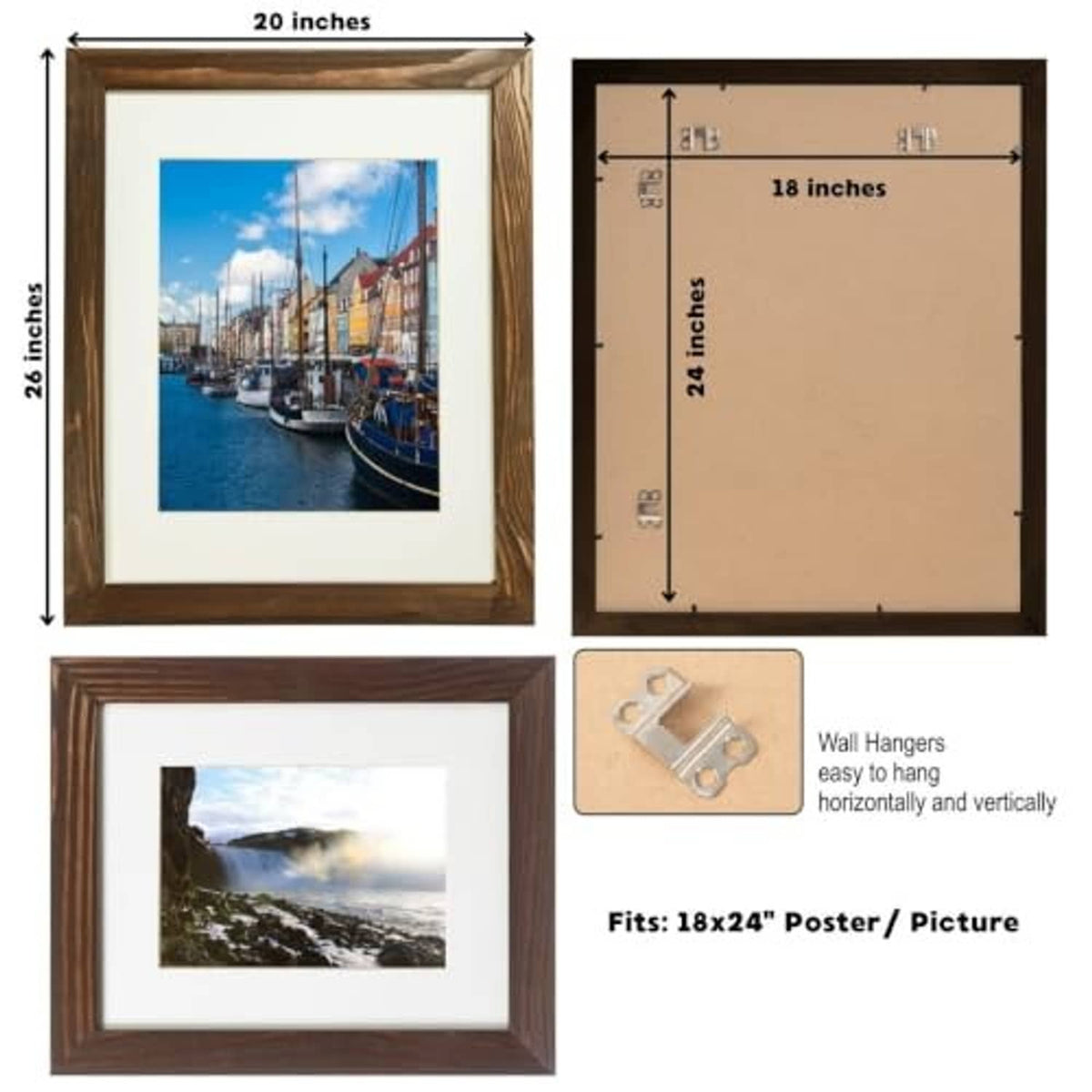 Rustic wood poster frame set with wall hangers, shows 18x24 size