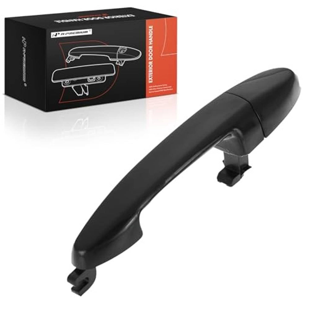 Black exterior door handle with mounting tabs, long curved lever