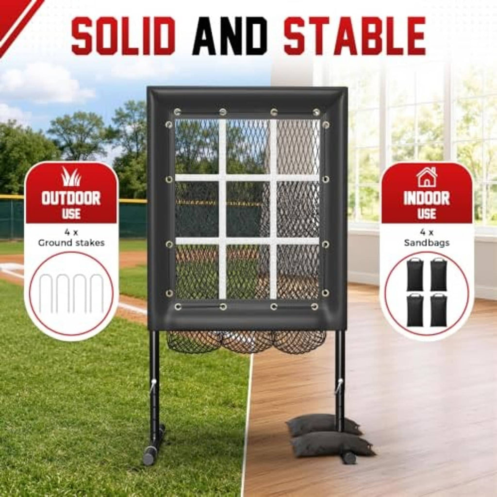 Baseball strike-zone pitching net with 9-hole grid, included sandbags and ground stakes