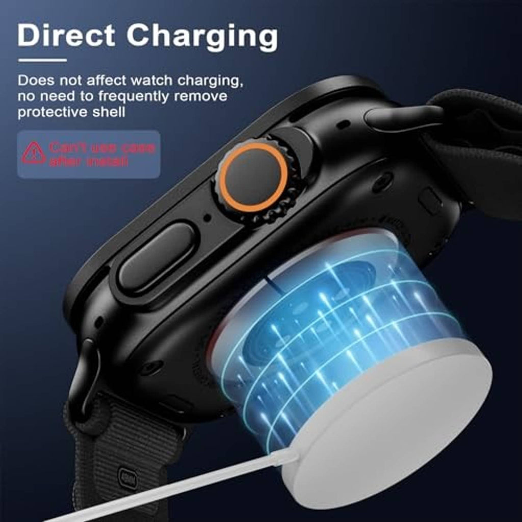 Black Apple Watch Ultra case with orange side button and accessible charging port