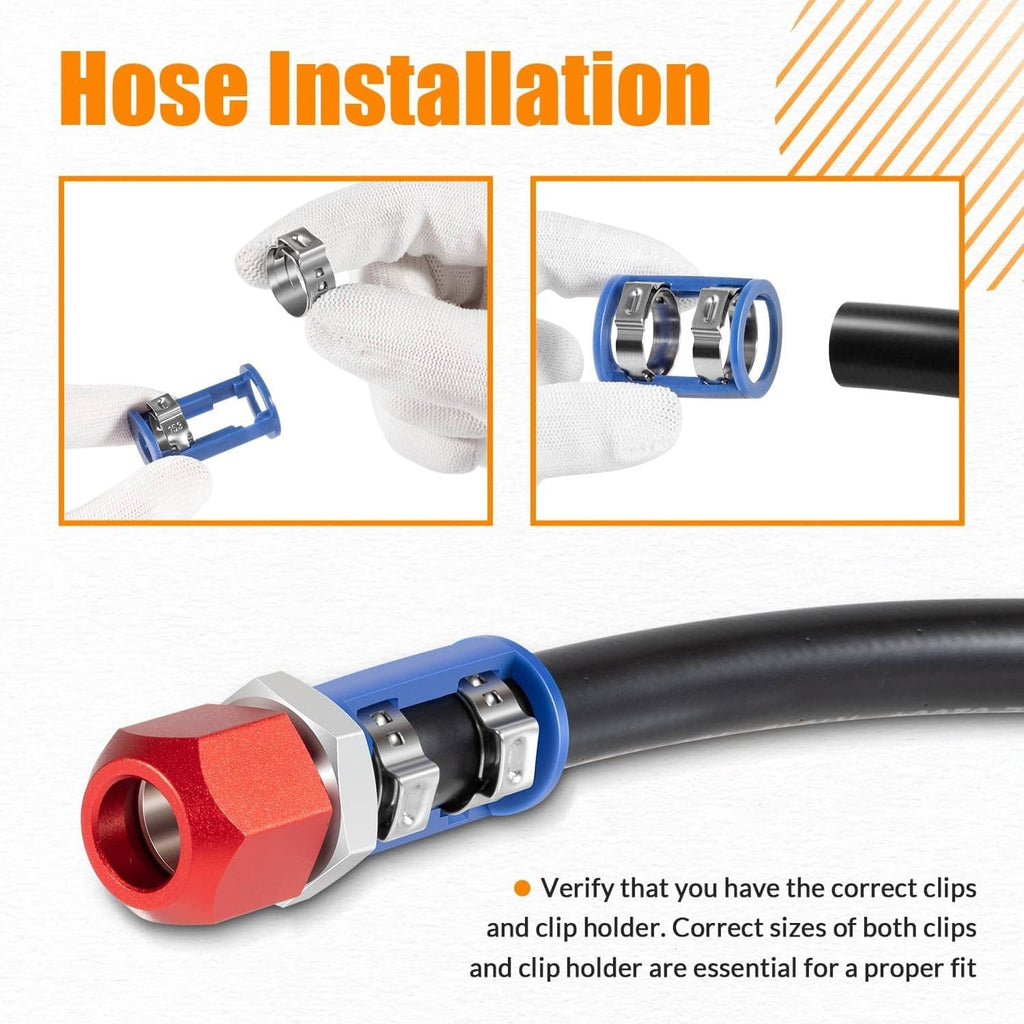 A/C hose installation close-up with blue clip holder and red fitting on black hose