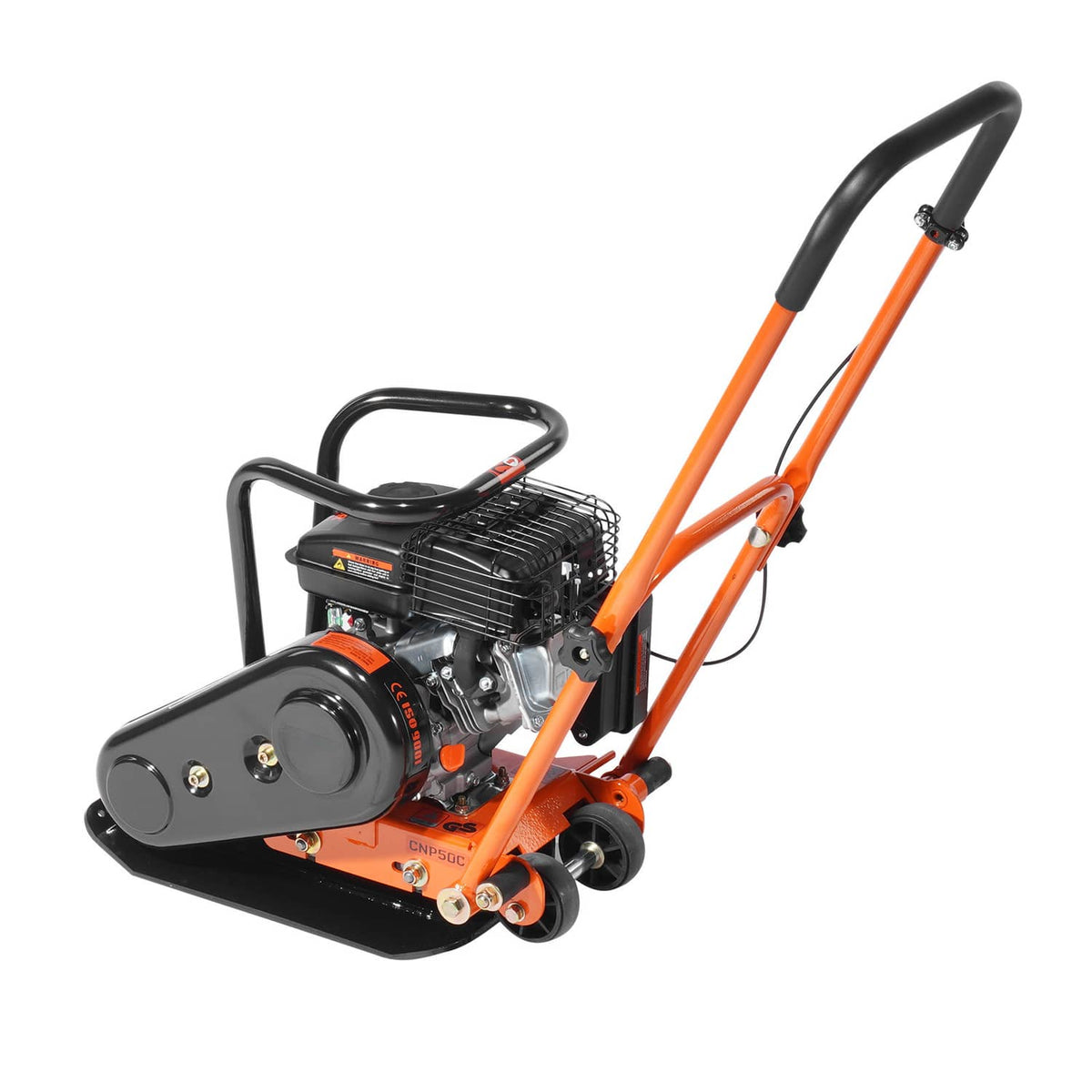 Side view of orange walk-behind plate compactor with black engine housing