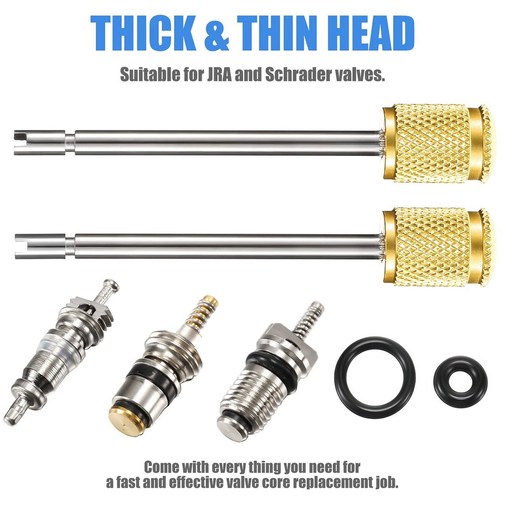 Valve core remover with thin head and gold textured grips; includes O-rings