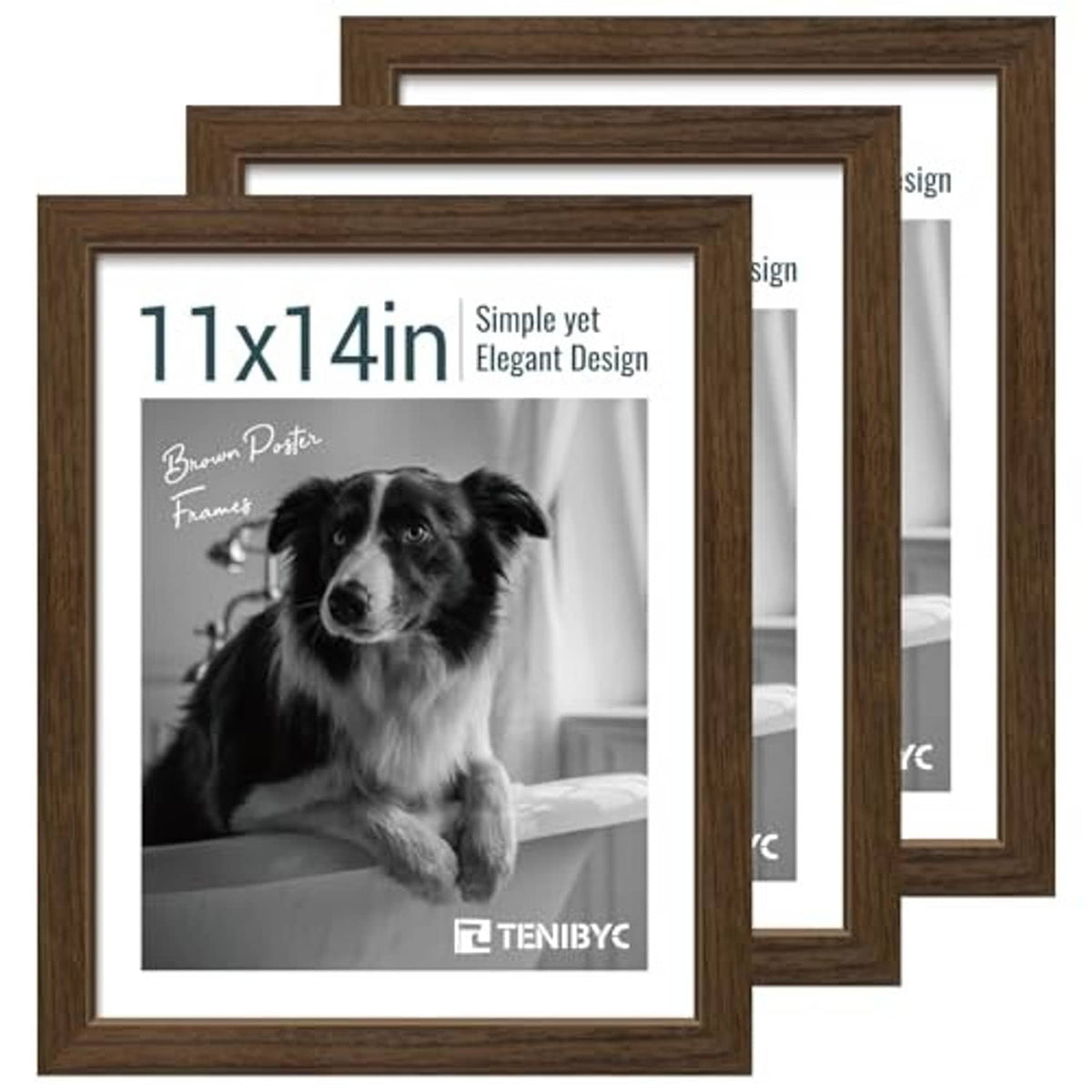 11x14 woodgrain picture frame set: three brown frames with clear glass, angled
