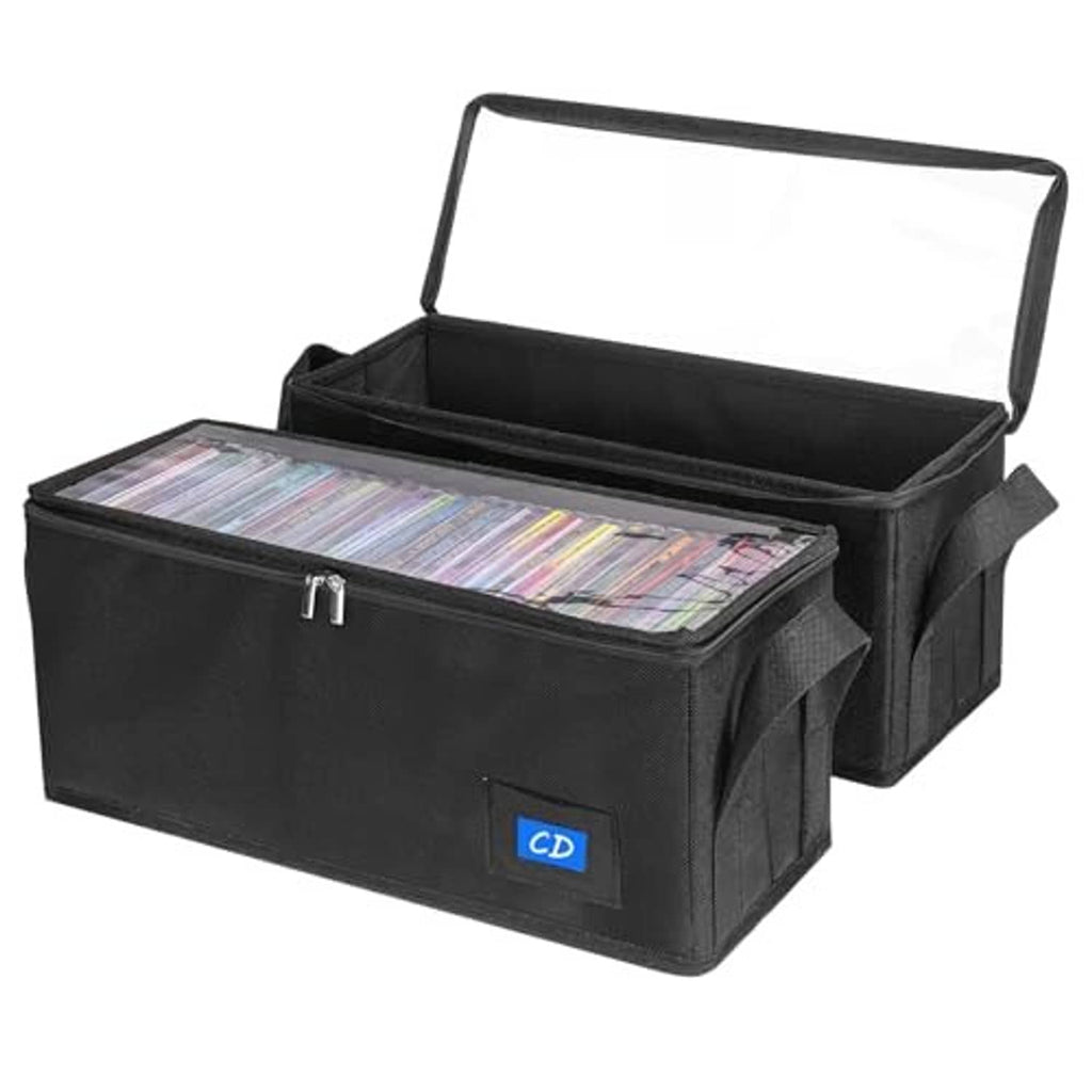 Black CD storage box with clear lid, side label window, and carry handles