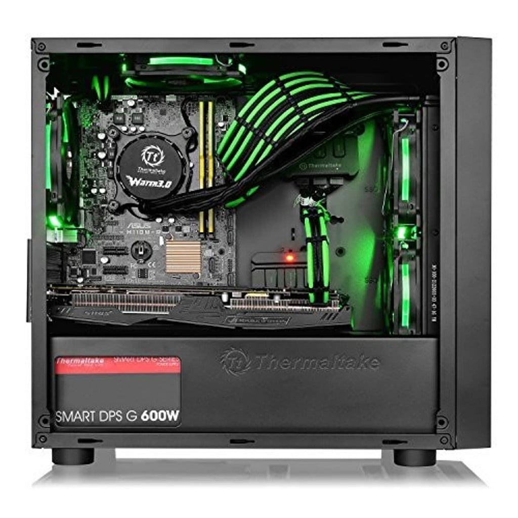Black micro ATX PC case interior with green RGB lighting visible