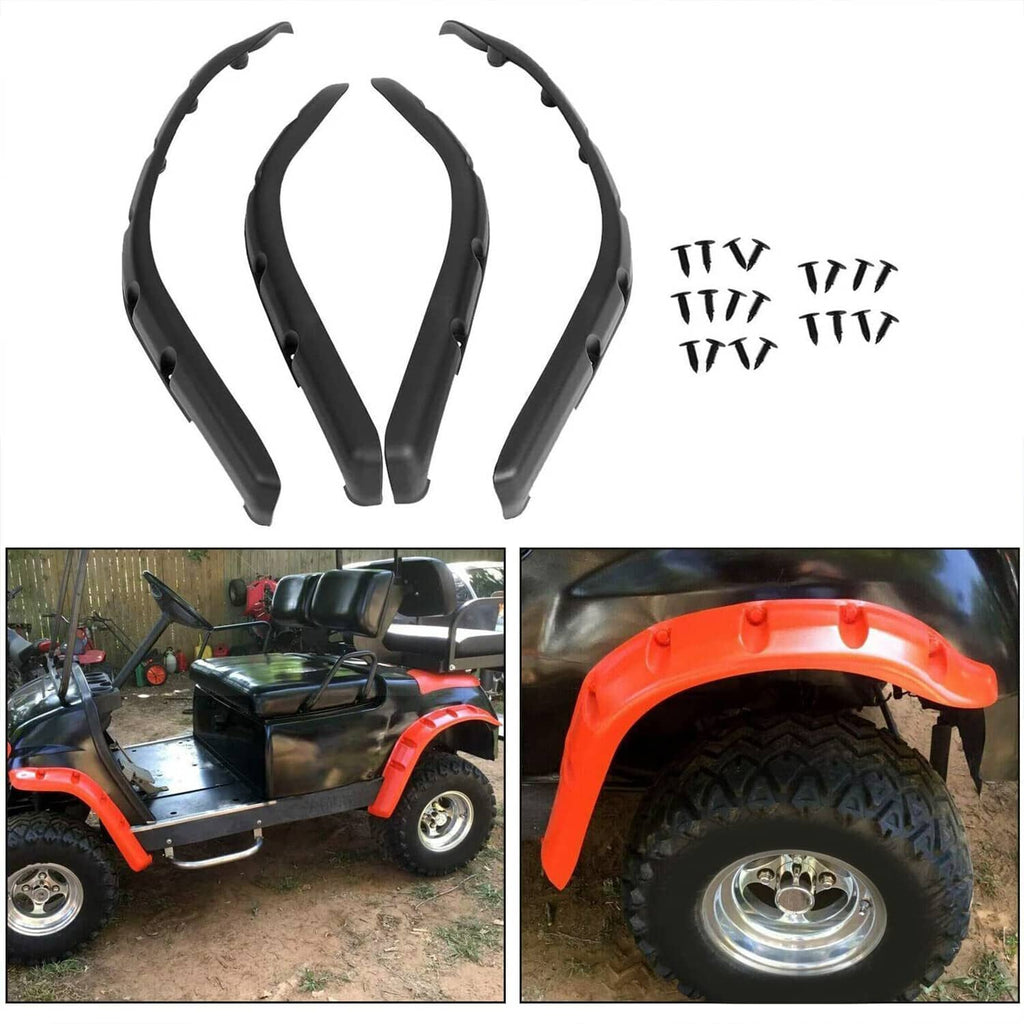 Black fender flares with hardware, shown from top and side on a golf cart
