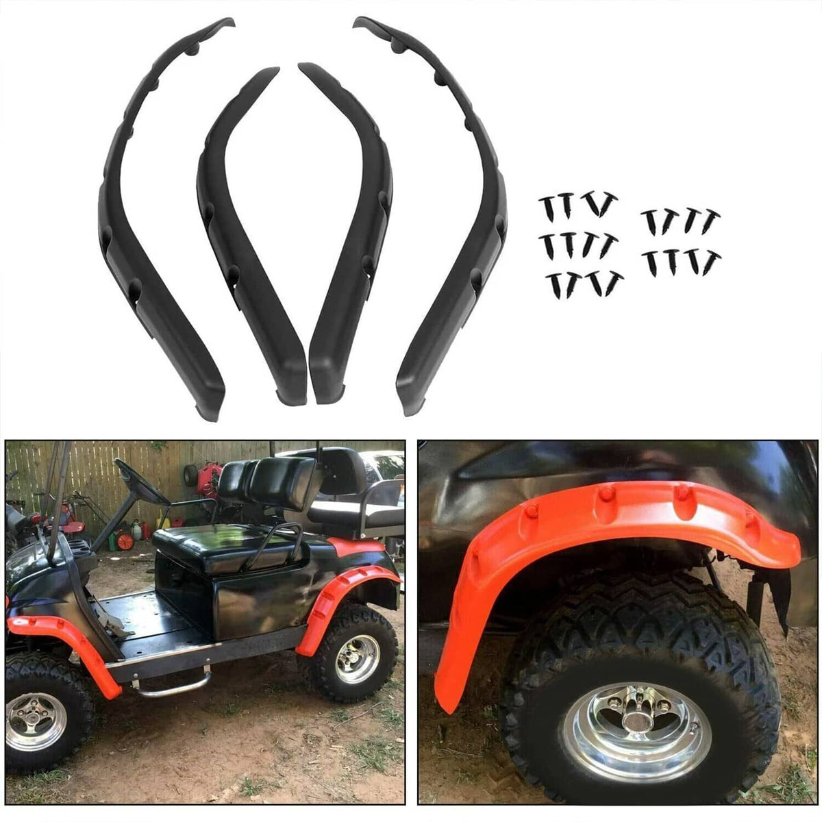 Black fender flares with hardware, shown from top and side on a golf cart