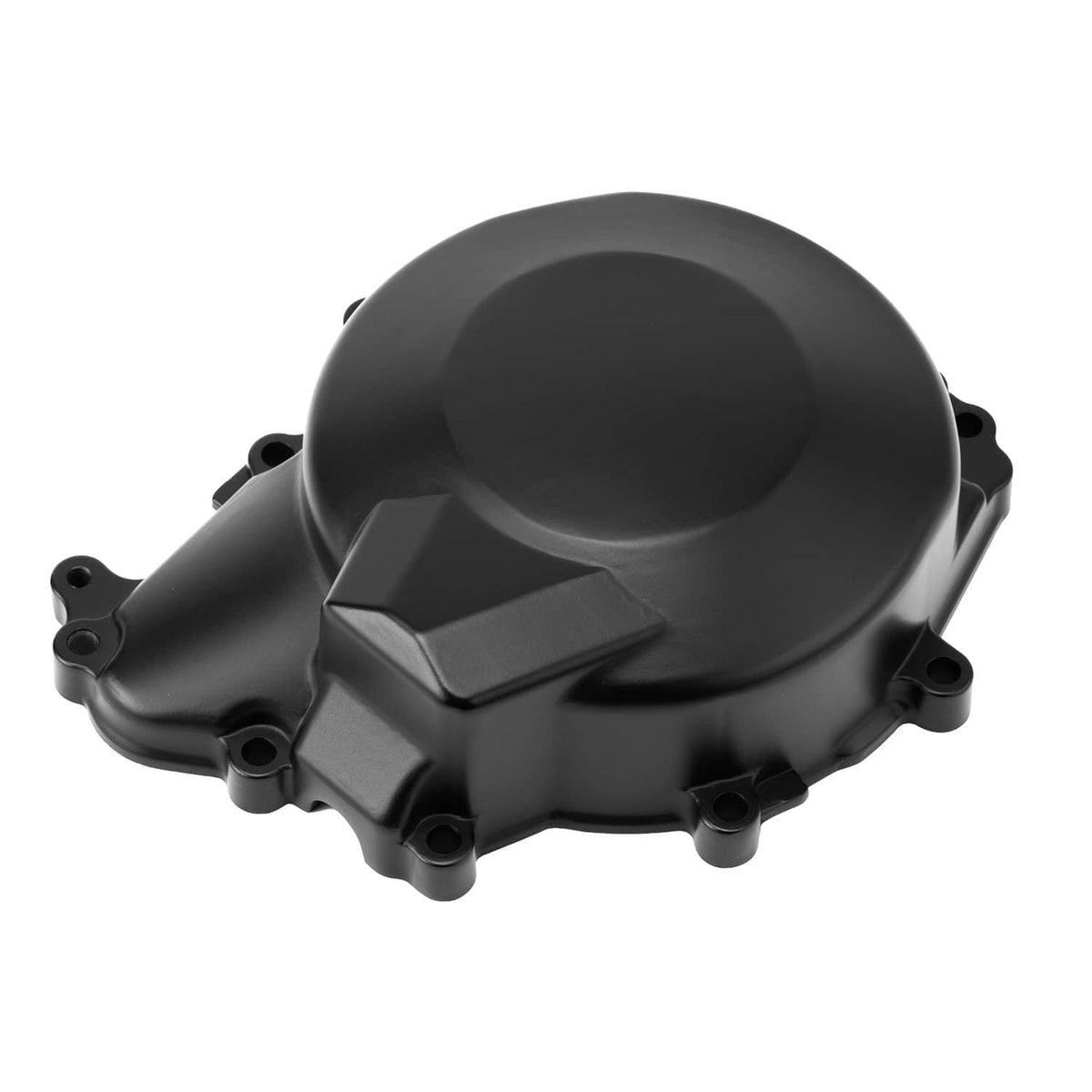 Matte black starter stator cover, rounded casing with side tab and bolt posts