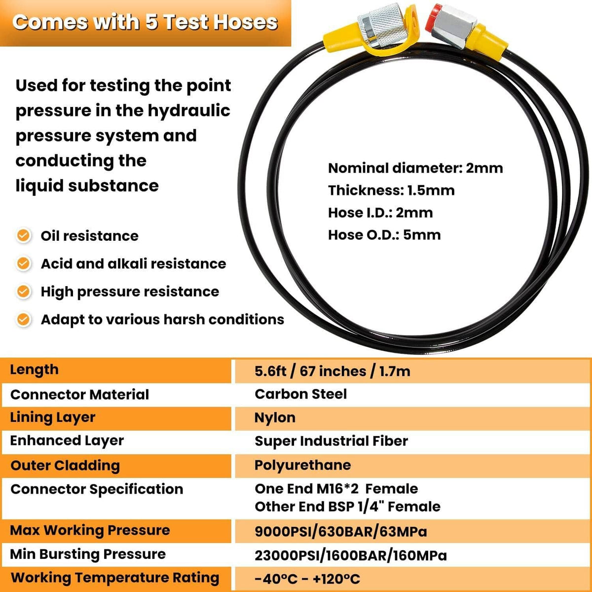 High-pressure test hose diagram with black hose and M16 connection ends (illustration)