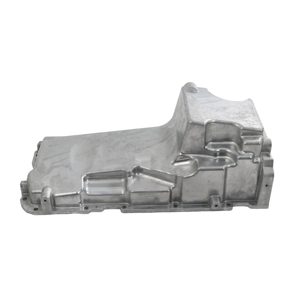 Aluminum engine oil pan with reinforced channels and mounting bolt holes, silver