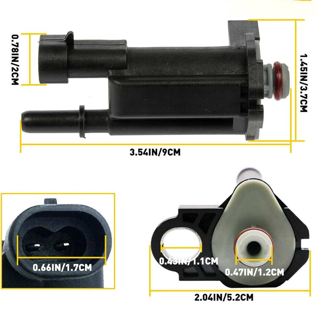 Black canister purge solenoid valve with red side seal and molded connector ports