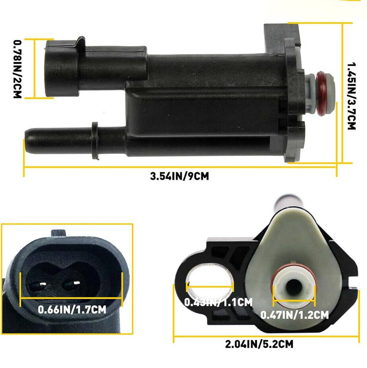Black canister purge solenoid valve with red side seal and molded connector ports