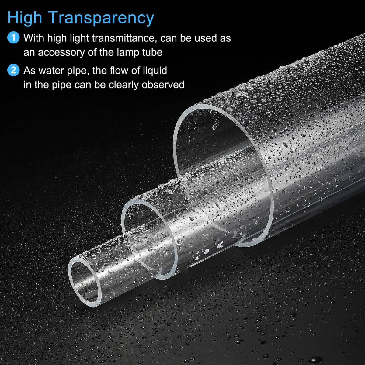 Clear acrylic round tube with water droplets on transparent cylindrical body